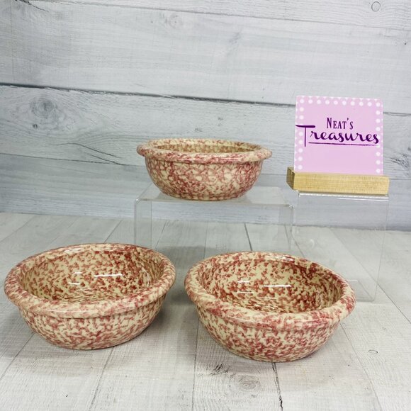 Vintage FP Roseville Ohio PINK SPONGEWARE POTTERY Oven Proof Cereal Bowls Set 3 - Picture 1 of 16